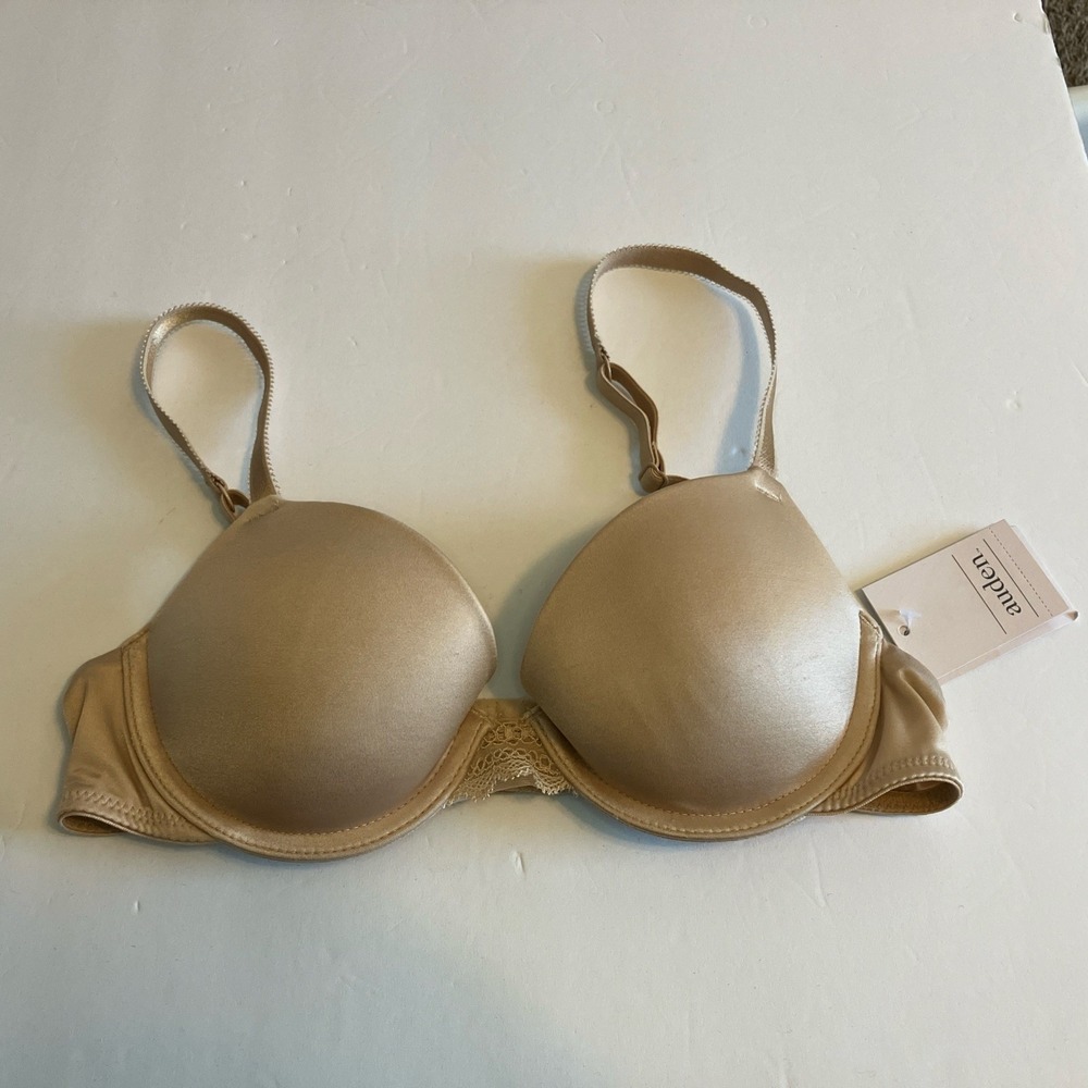 Auden Women's Light Lift Plunge Bra Beige Size 32A Lace Accents C666